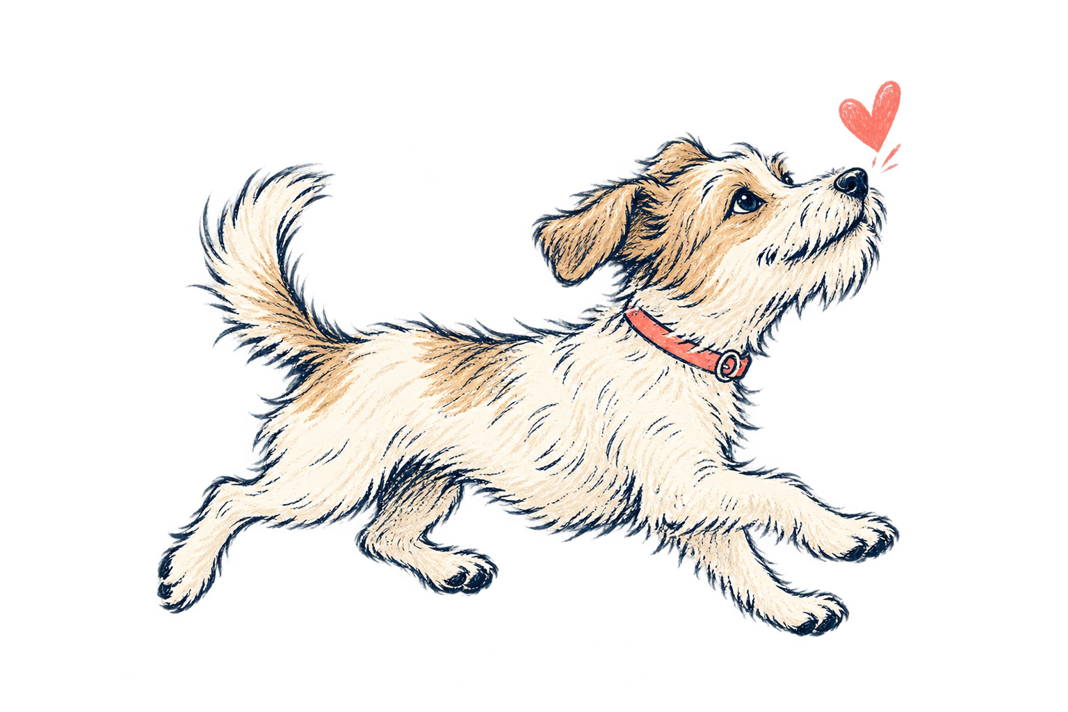 A hand-drawn scruffy dog chasing a little heart